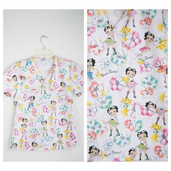 Betty Boop " Pure Sass" Cartoon Colourful Scrub Top w Pockets cotton XS - Picture 1 of 8